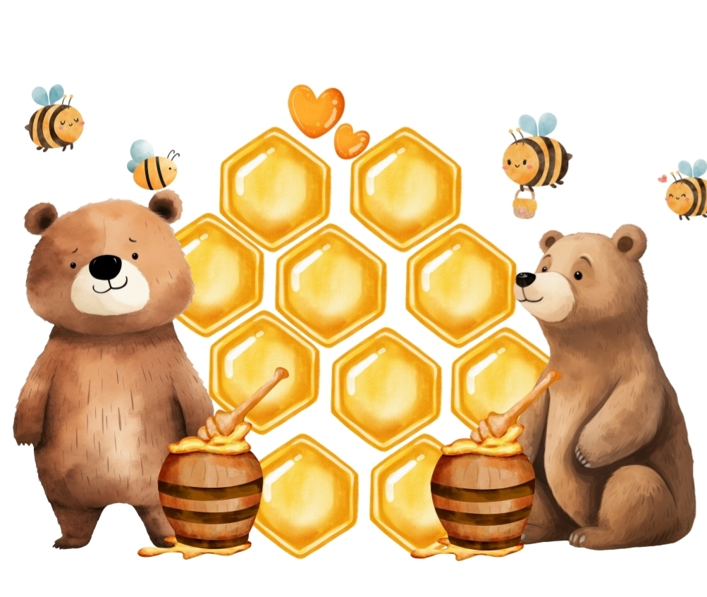 Grafika przedstawiająca pluszowe misie, plastry miodu oraz pszczoły latające wokół