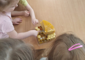 Dzieci oglądają wosk pszceli oraz plaster miodu