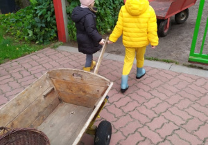 chłopiec i dziewczynka ciągną wózek na ziemniaki
