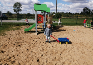 Chłopiec bawi się w piaskownicy.