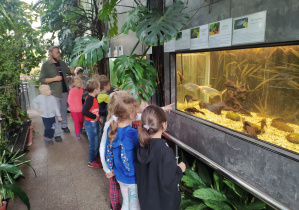 Dzieci oglądają rybki w akwarium.